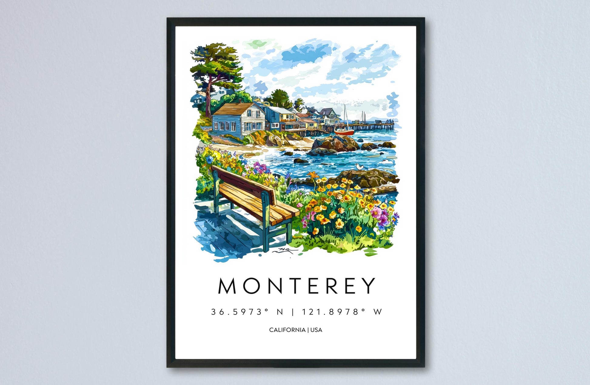 Monterey Watercolor Poster Monterey Travel Print California Coast Art Ocean Painting Monterey Bay Souvenir Decor