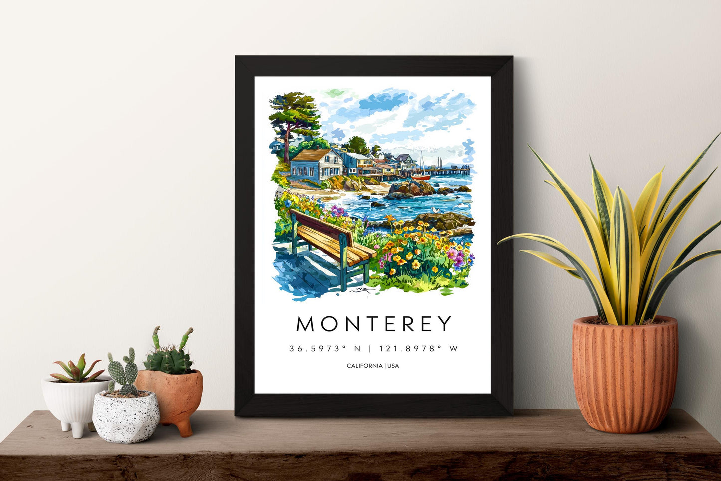 Monterey Watercolor Poster Monterey Travel Print California Coast Art Ocean Painting Monterey Bay Souvenir Decor