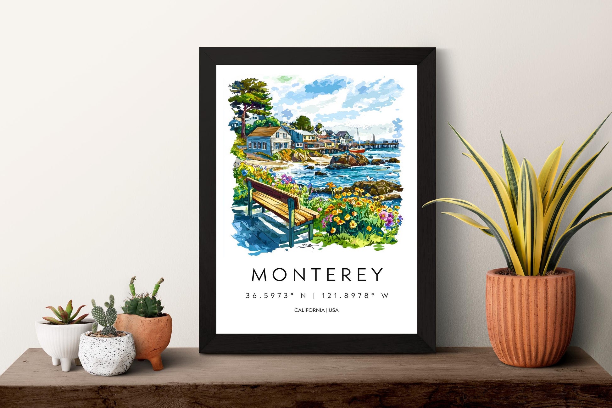 Monterey Watercolor Poster Monterey Travel Print California Coast Art Ocean Painting Monterey Bay Souvenir Decor