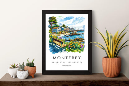 Monterey Watercolor Poster Monterey Travel Print California Coast Art Ocean Painting Monterey Bay Souvenir Decor