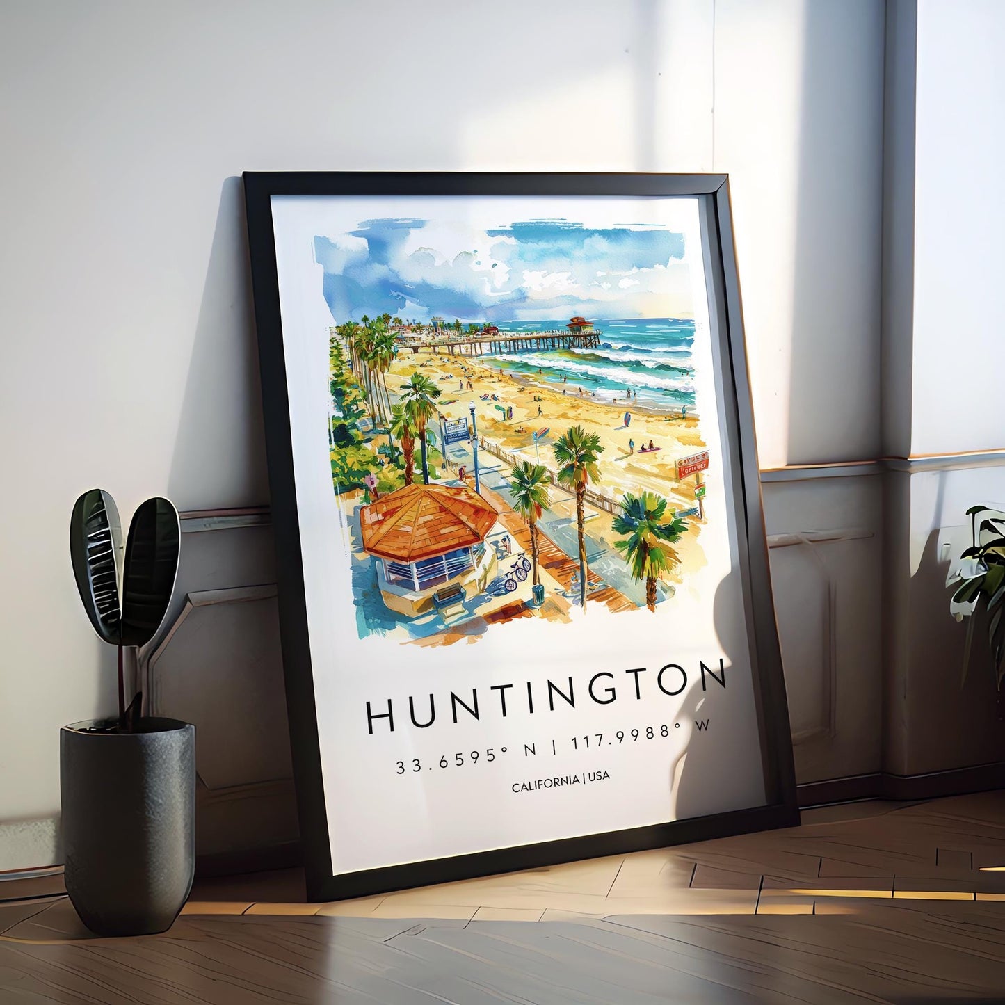Huntington Beach Watercolor Poster Huntington Beach Travel Print California Wall Art Surf Painting Beach Decor