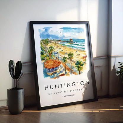Huntington Beach Watercolor Poster Huntington Beach Travel Print California Wall Art Surf Painting Beach Decor