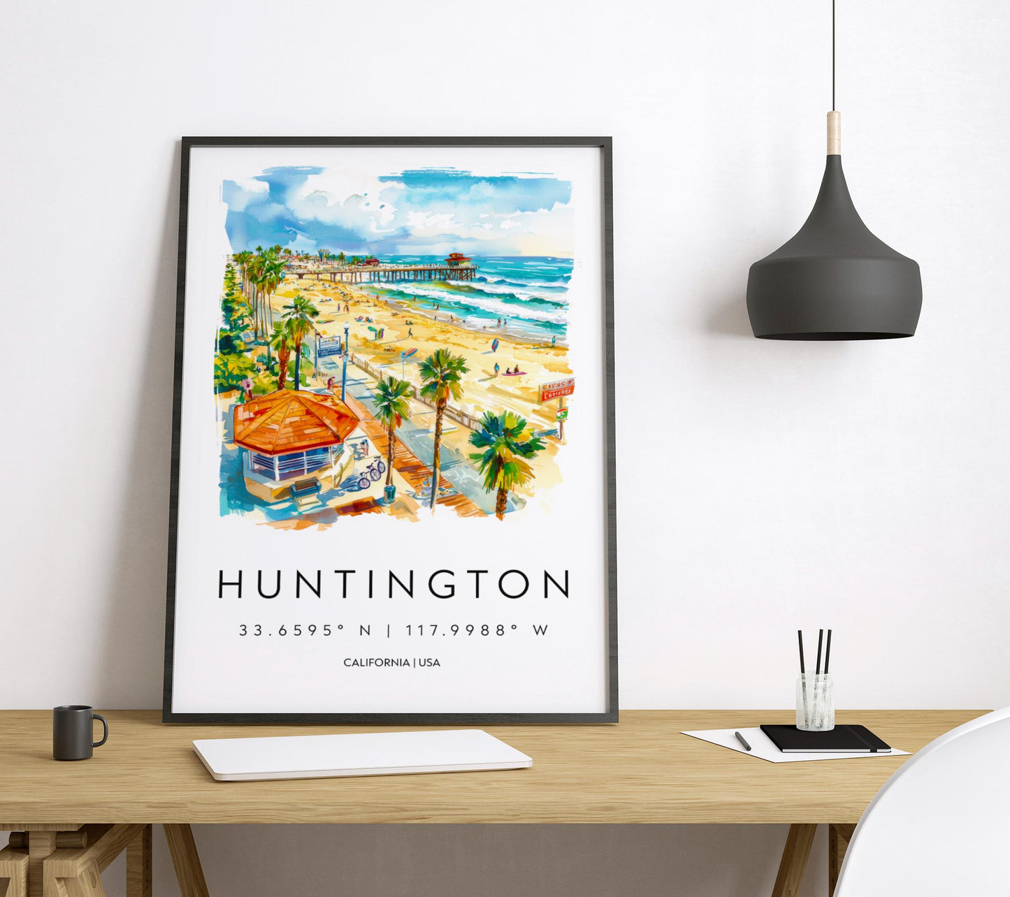 Huntington Beach Watercolor Poster Huntington Beach Travel Print California Wall Art Surf Painting Beach Decor