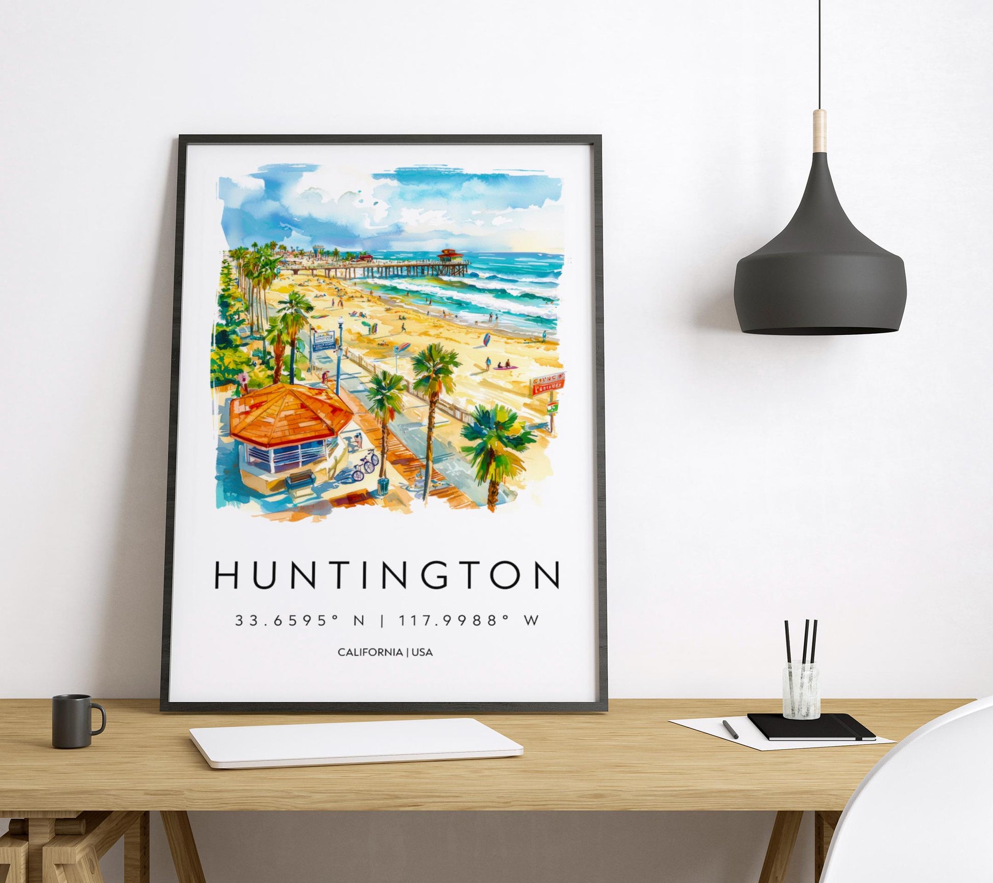 Huntington Beach Watercolor Poster Huntington Beach Travel Print California Wall Art Surf Painting Beach Decor