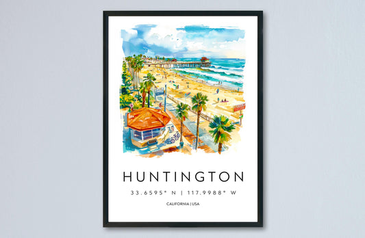 Huntington Beach Watercolor Poster Huntington Beach Travel Print California Wall Art Surf Painting Beach Decor