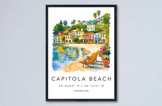 Capitola Beach Watercolor Poster Capitola Travel Print California Wall Art Ocean Painting Capitola Beach Decor