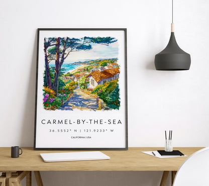 Carmel-by-the-Sea Watercolor Poster Carmel Travel Print California Coast Art Ocean Painting Carmel-by-the-Sea Decor