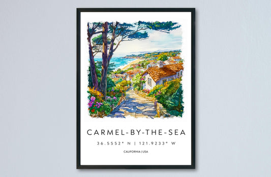 Carmel-by-the-Sea Watercolor Poster Carmel Travel Print California Coast Art Ocean Painting Carmel-by-the-Sea Decor