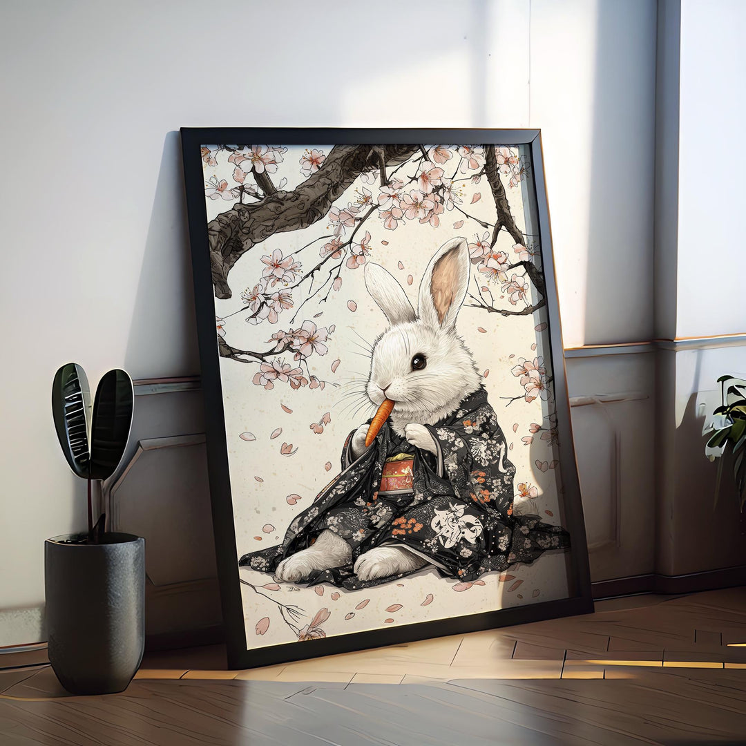 Rabbit Eating Carrot Woodblock Print, Ukiyo-e Japanese Art