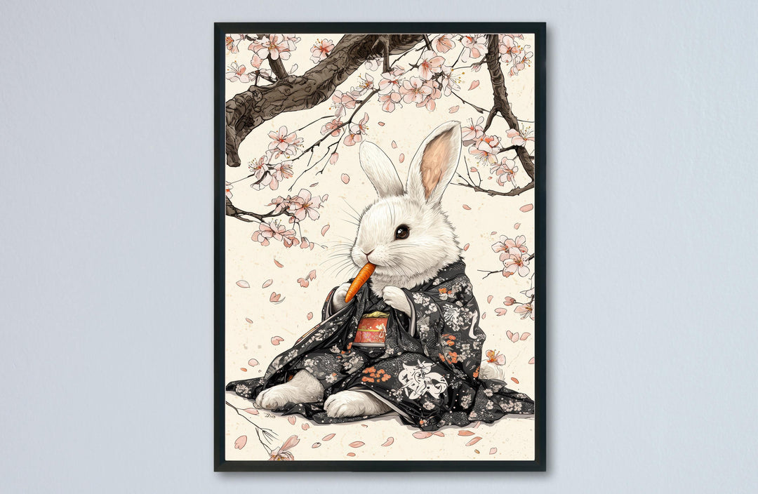 Rabbit Eating Carrot Woodblock Print, Ukiyo-e Japanese Art