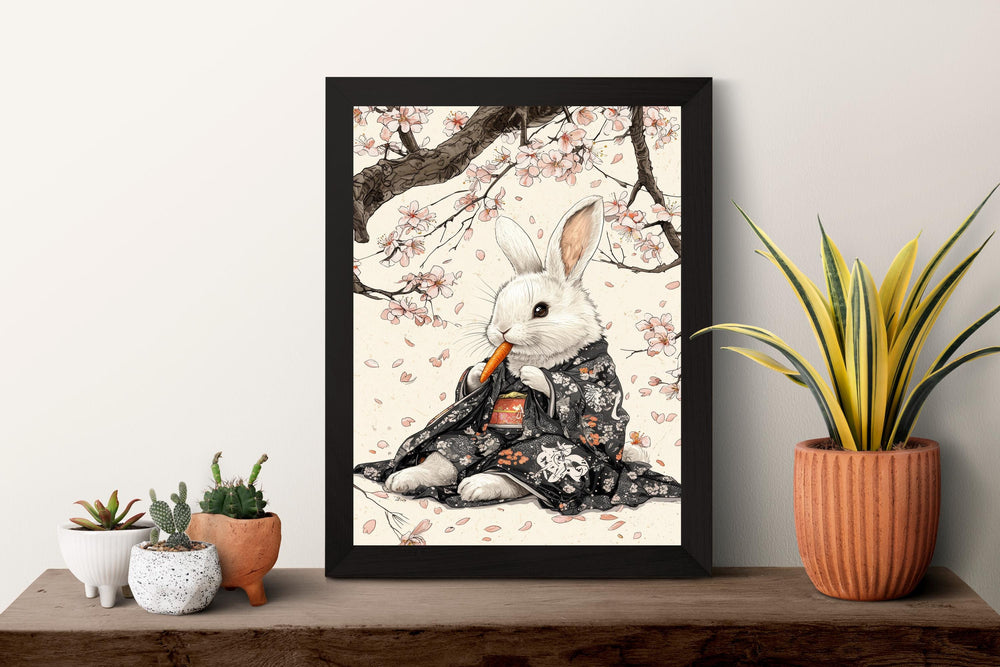 Rabbit Eating Carrot Woodblock Print, Ukiyo-e Japanese Art