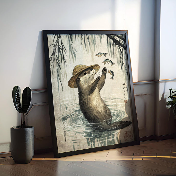 Otter With Fish Print, Ukiyo-e Japanese Art, Zen Wildlife Decor
