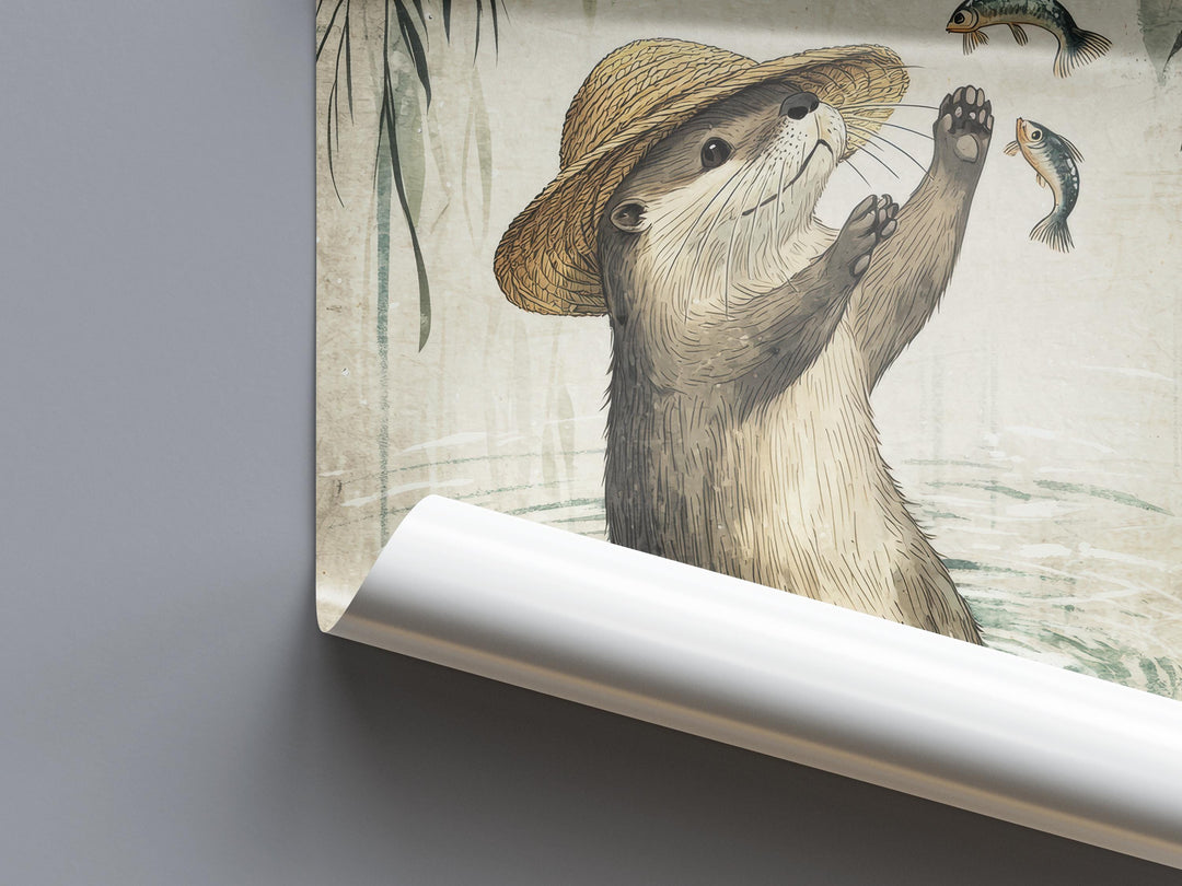 Otter With Fish Print, Ukiyo-e Japanese Art, Zen Wildlife Decor