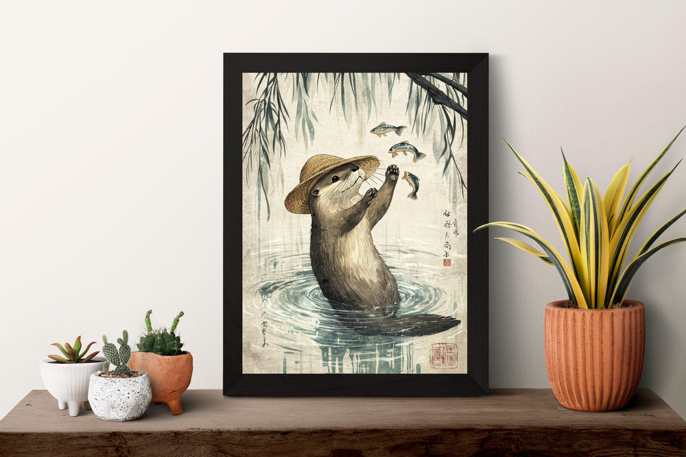 Otter With Fish Print, Ukiyo-e Japanese Art, Zen Wildlife Decor