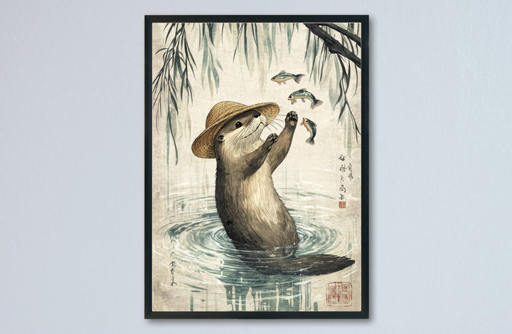 Otter With Fish Print, Ukiyo-e Japanese Art, Zen Wildlife Decor