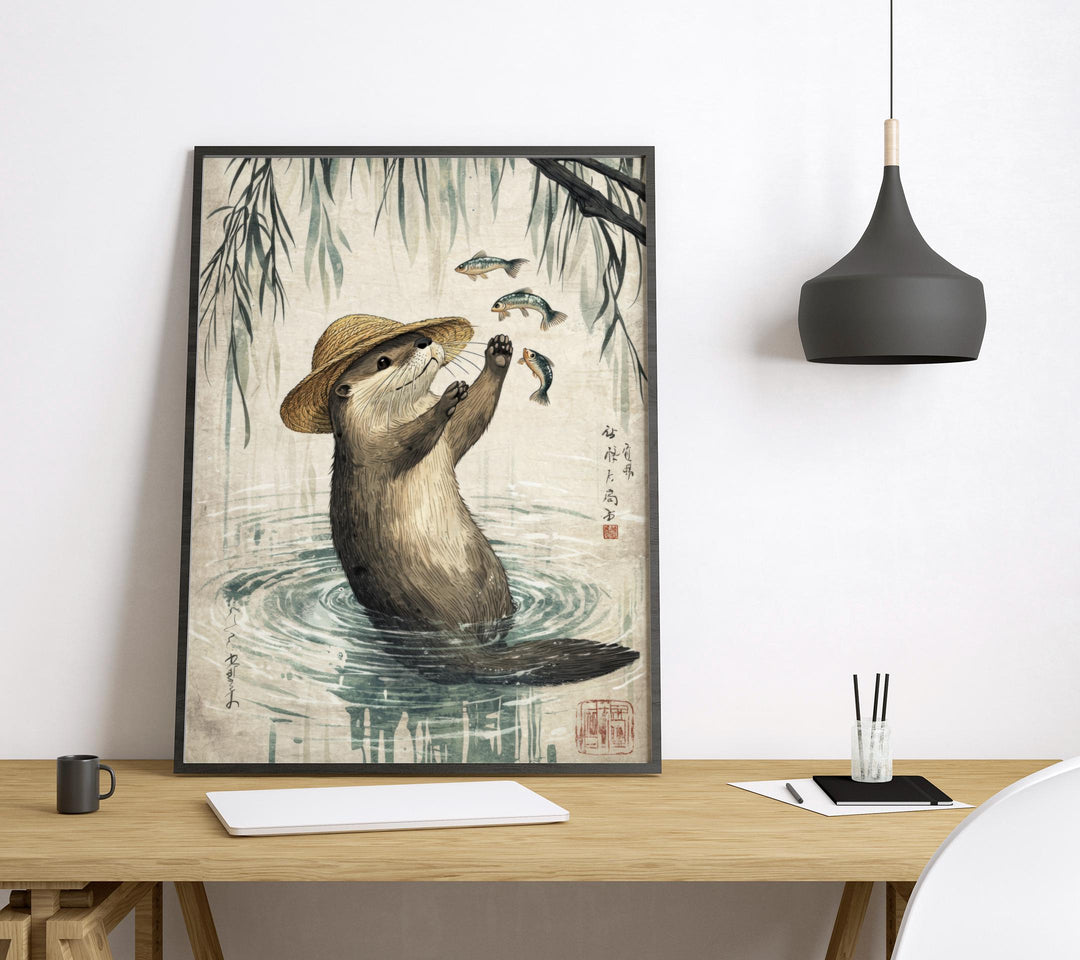 Otter With Fish Print, Ukiyo-e Japanese Art, Zen Wildlife Decor