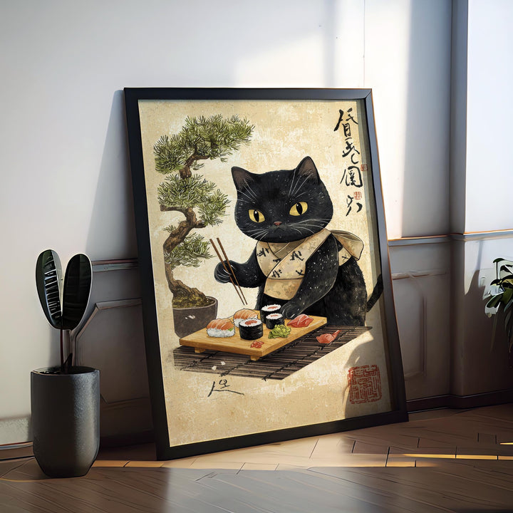 Cat Eating Sushi Print | Ukiyo-e Japanese Food Art