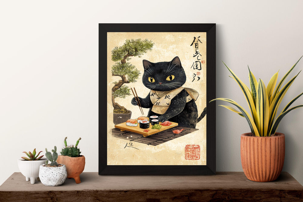 Cat Eating Sushi Print | Ukiyo-e Japanese Food Art