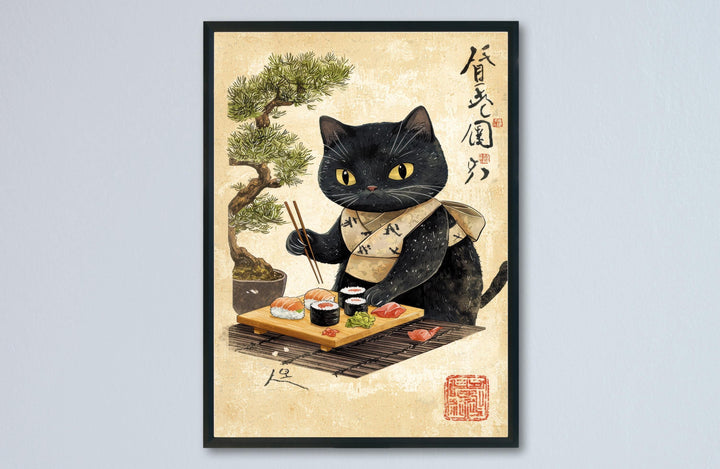 Cat Eating Sushi Print | Ukiyo-e Japanese Food Art