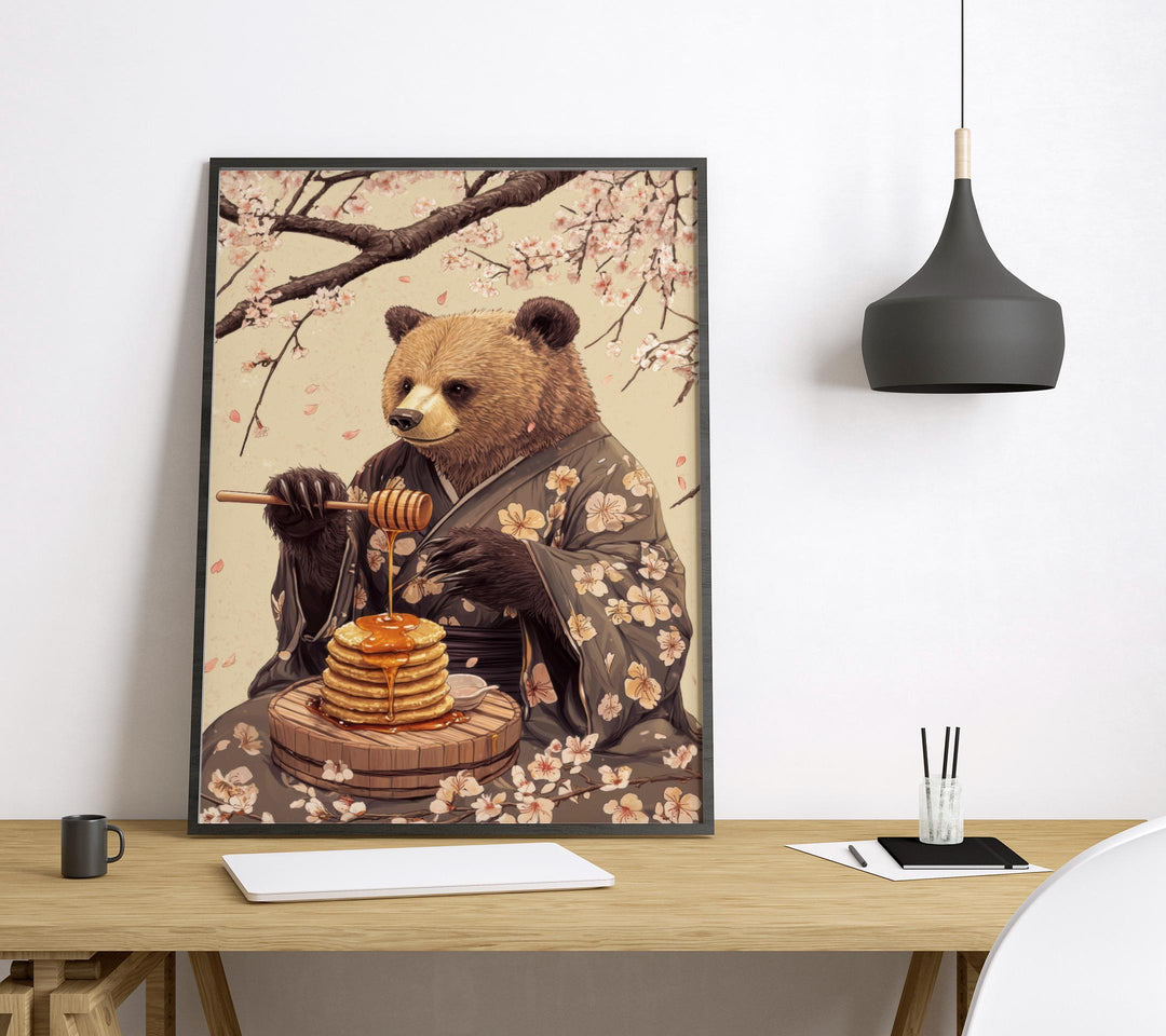 Bear with Honey Woodblock Print, Ukiyo-e Style Japanese Art