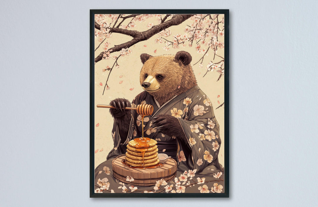 Bear with Honey Woodblock Print, Ukiyo-e Style Japanese Art