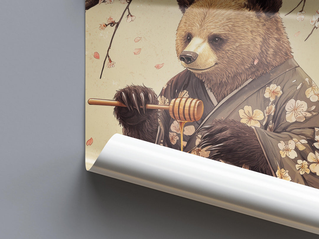 Bear with Honey Woodblock Print, Ukiyo-e Style Japanese Art