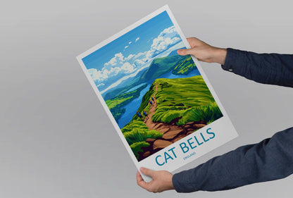 Cat Bells Travel Poster Lake District Wall Art Mountain Print Scenic Ridge Illustration Derwentwater Decor Cat Bells Gift Souvenir