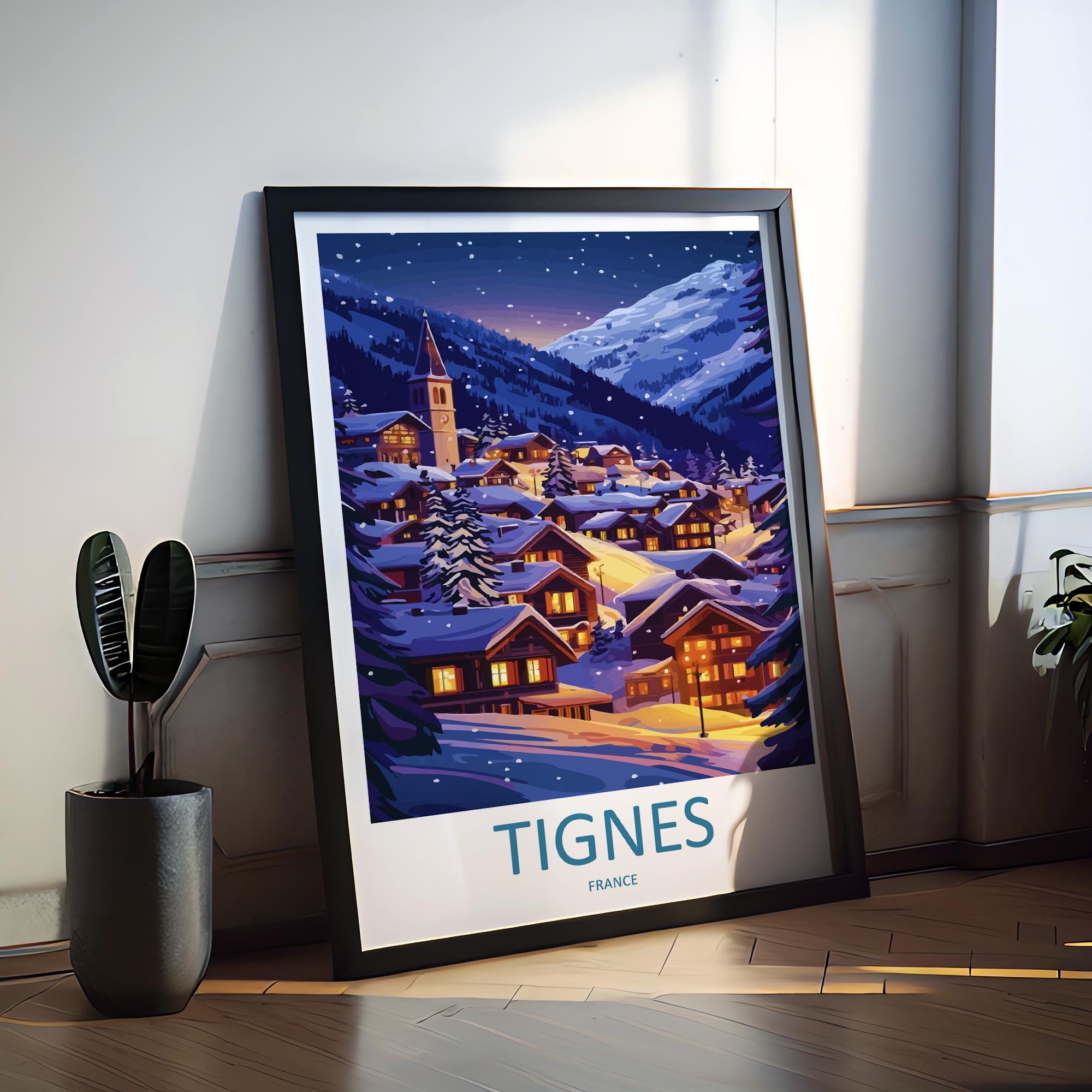 Tignes Travel Poster France Wall Art Ski Resort Print Alpine Mountain Illustration Snowy Landscape Decor Tignes Gift Souvenir Scene