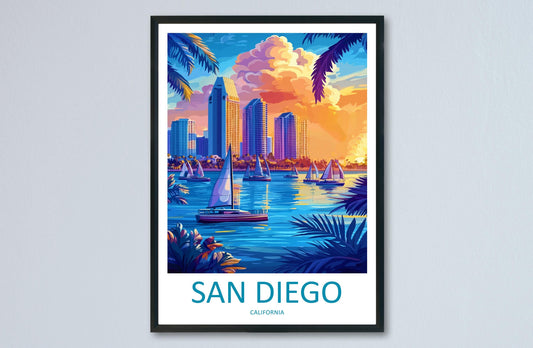 San Diego Travel Poster California Wall Art Coastal City Print Ocean View Illustration Palm Tree Decor San Diego Gift Souvenir Scene