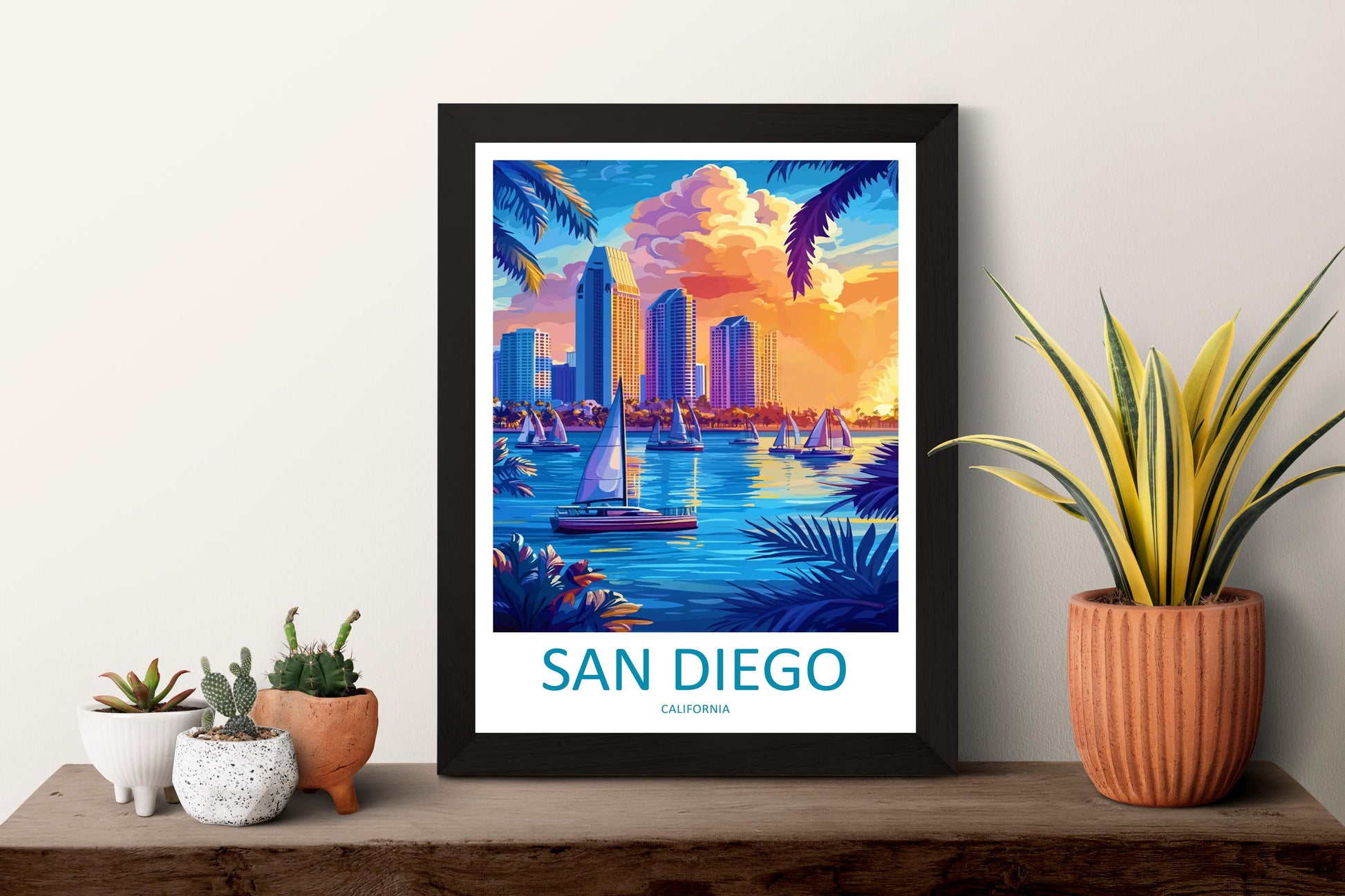 San Diego Travel Poster California Wall Art Coastal City Print Ocean View Illustration Palm Tree Decor San Diego Gift Souvenir Scene