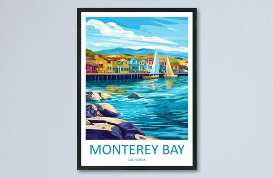 Monterey Bay Travel Poster California Wall Art Coastal View Print Oceanfront Illustration Cannery Row Decor Monterey Gift Souvenir