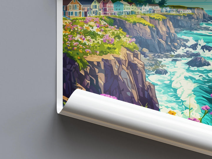 Mendocino Travel Poster California Wall Art Coastal Village Print Ocean Cliff Illustration Redwood Coast Decor Mendocino Gift Souvenir