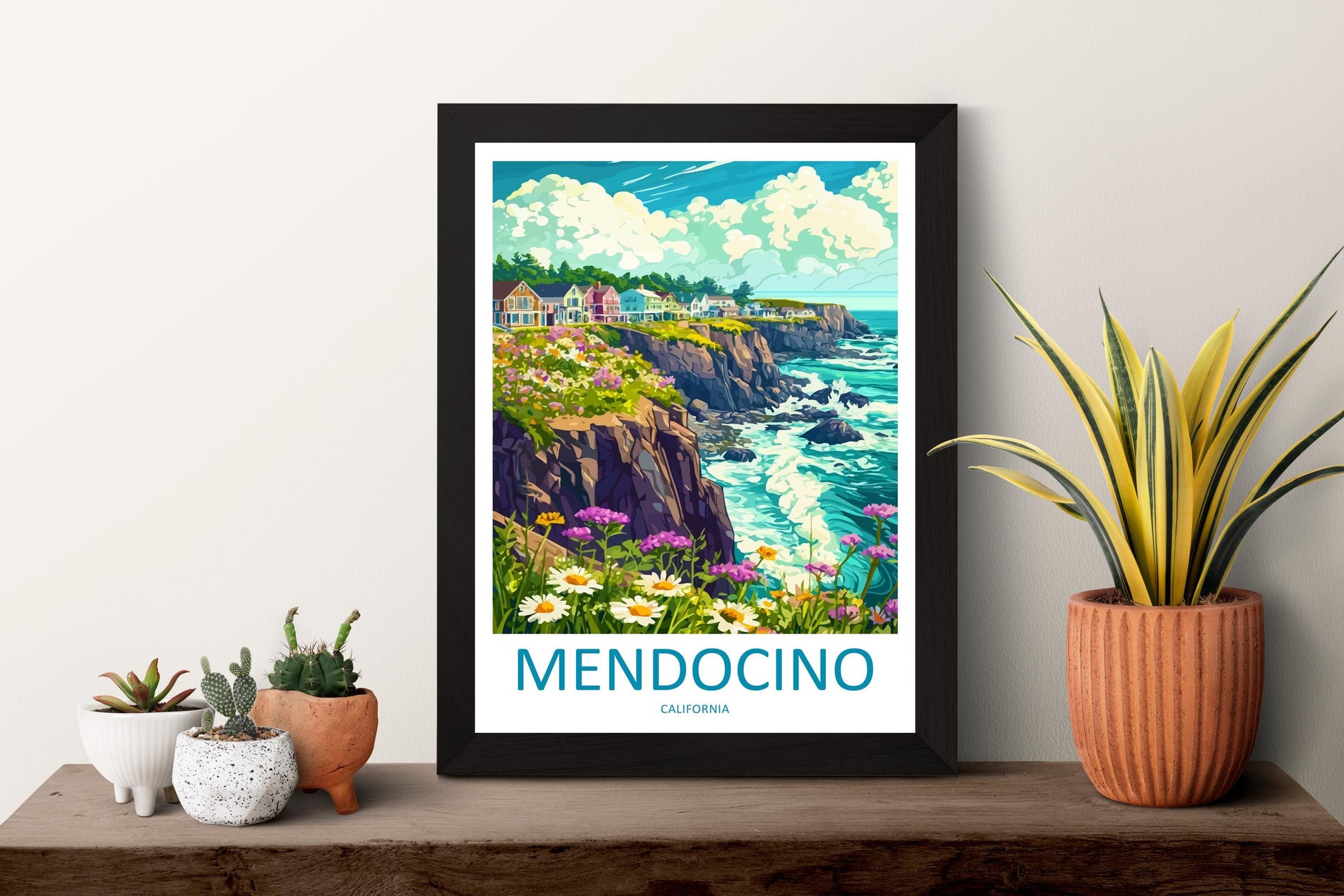 Mendocino Travel Poster California Wall Art Coastal Village Print Ocean Cliff Illustration Redwood Coast Decor Mendocino Gift Souvenir