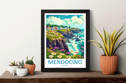 Mendocino Travel Poster California Wall Art Coastal Village Print Ocean Cliff Illustration Redwood Coast Decor Mendocino Gift Souvenir