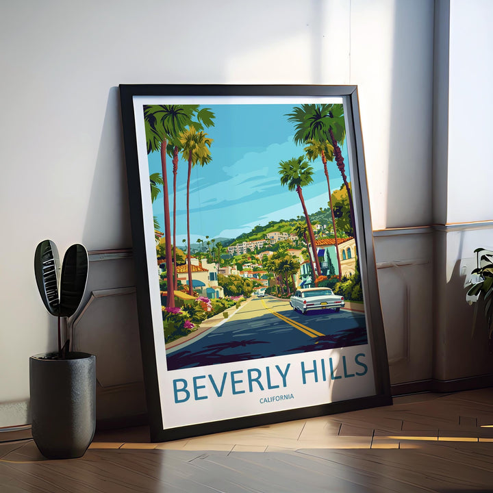 Beverly Hills Travel Poster California Wall Art Palm Tree Street Print City View Illustration Luxury Decor Beverly Gift Souvenir Scene