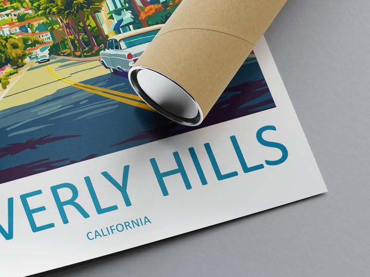 Beverly Hills Travel Poster California Wall Art Palm Tree Street Print City View Illustration Luxury Decor Beverly Gift Souvenir Scene