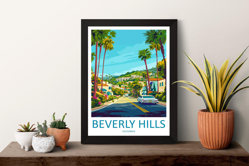 Beverly Hills Travel Poster California Wall Art Palm Tree Street Print City View Illustration Luxury Decor Beverly Gift Souvenir Scene
