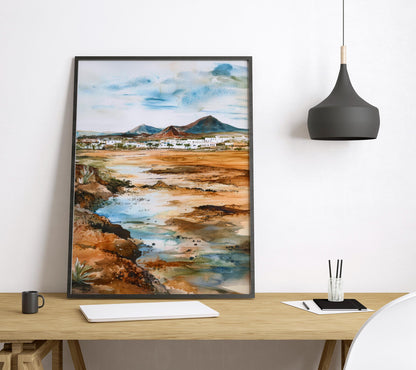 Lanzarote Watercolor Poster Lanzarote Travel Print Lanzarote Spain Wall Art Canary Islands Decor Volcanic Landscape Coastal Scene Print