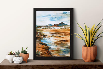 Lanzarote Watercolor Poster Lanzarote Travel Print Lanzarote Spain Wall Art Canary Islands Decor Volcanic Landscape Coastal Scene Print