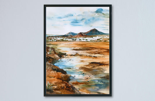 Lanzarote Watercolor Poster Lanzarote Travel Print Lanzarote Spain Wall Art Canary Islands Decor Volcanic Landscape Coastal Scene Print