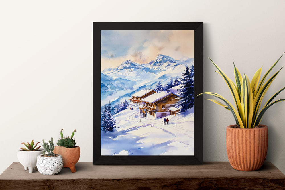 La Plagne Watercolor Poster La Plagne Travel Print French Alps Ski Resort Wall Art La Plagne Winter Decor Snowy Mountain Landscape Print