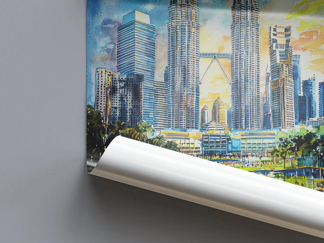 Kuala Lumpur Watercolor Poster Kuala Lumpur Travel Print Malaysia City Wall Art KL Skyline Decor Petronas Towers Urban Landscape Print
