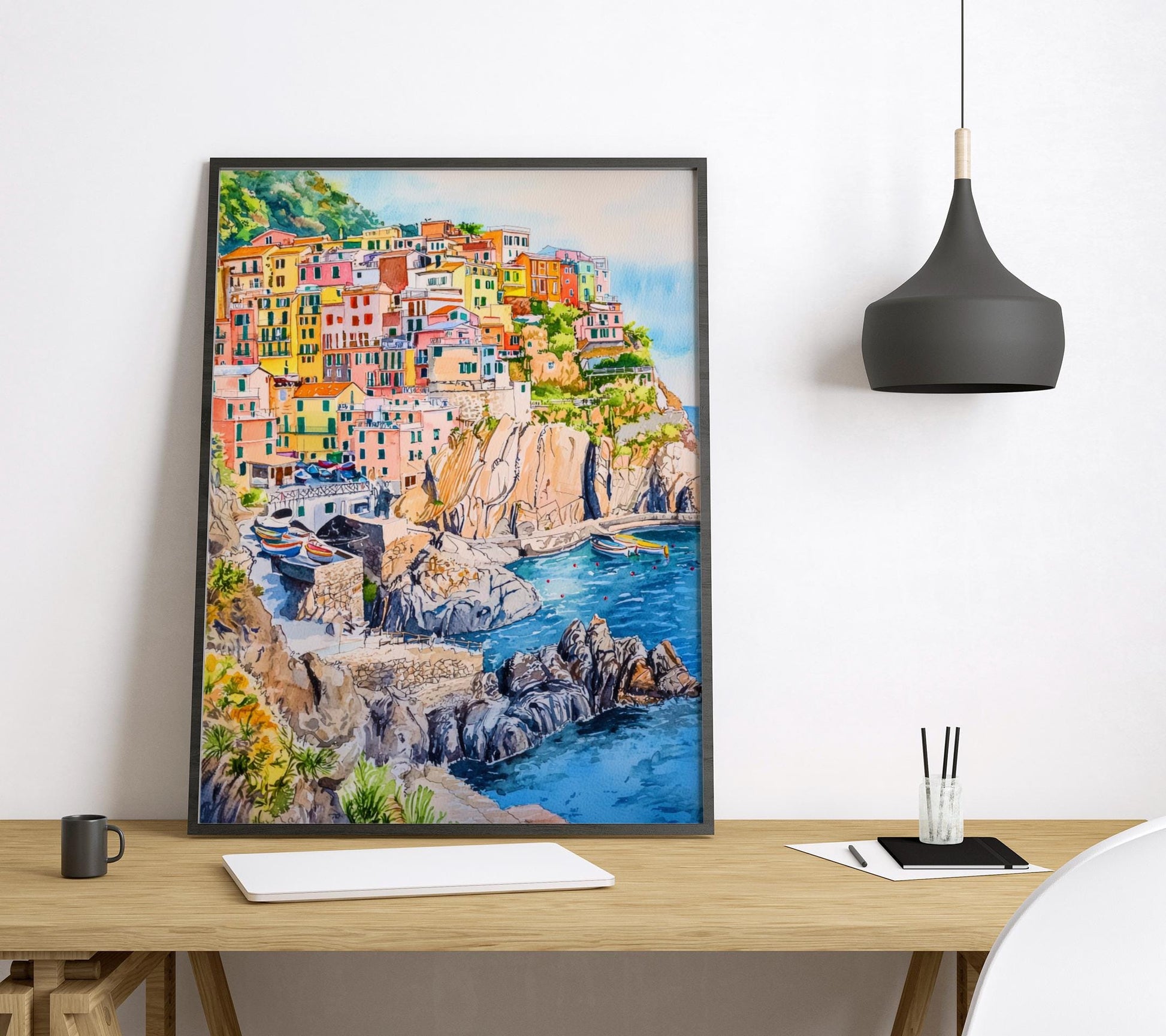 Cinque Terre Watercolor Poster Italy Travel Print Italian Coast Wall Art Cinque Terre Decor Colorful Village Cliffside Seaside Print