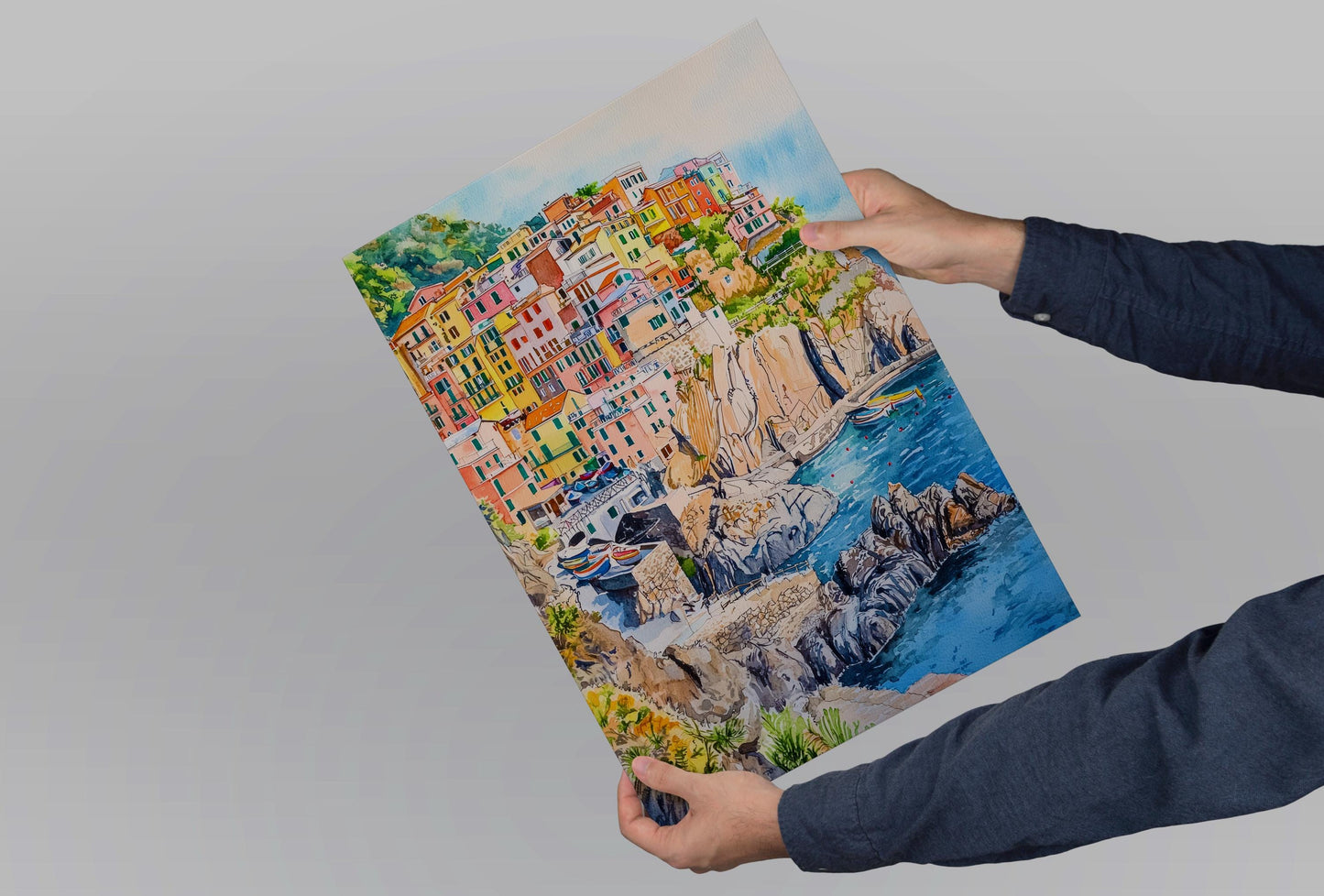 Cinque Terre Watercolor Poster Italy Travel Print Italian Coast Wall Art Cinque Terre Decor Colorful Village Cliffside Seaside Print