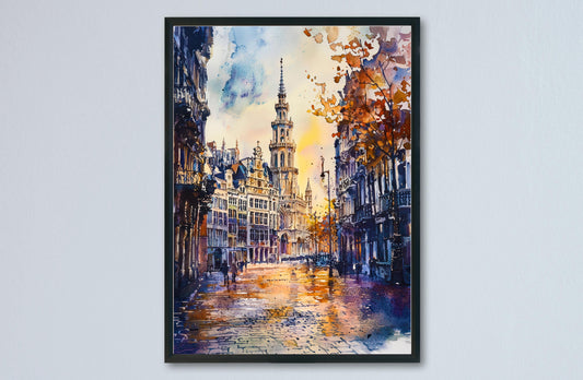 Brussels Watercolor Poster Brussels Travel Print Belgium Wall Art Brussels Cityscape Decor Grand Place Architecture Europe Scene Print