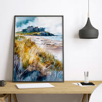 Bamburgh Castle Watercolor Poster Northumberland Travel Print England Wall Art Coastal Fortress Decor Historic Landscape Scenic Print