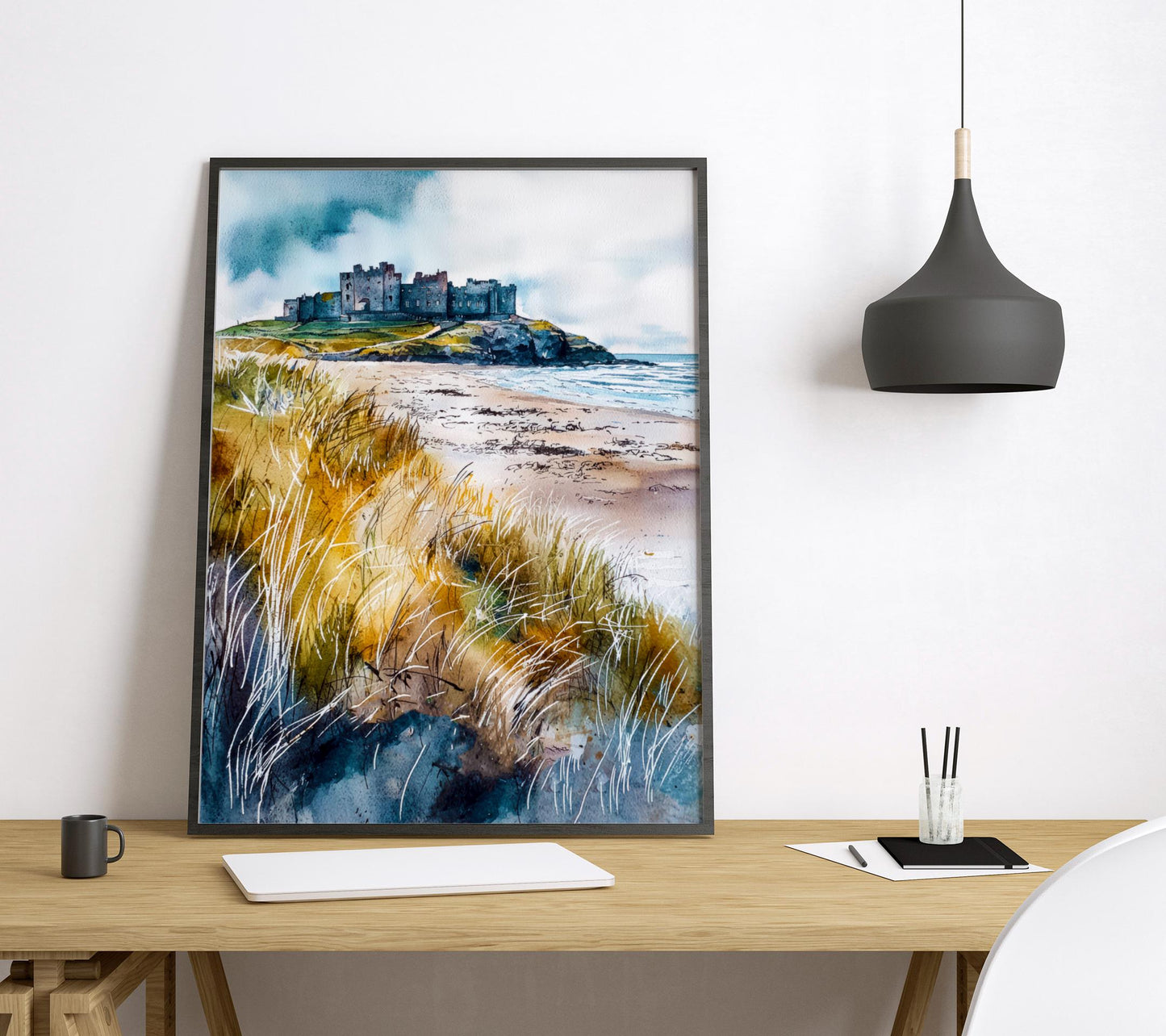 Bamburgh Castle Watercolor Poster Northumberland Travel Print England Wall Art Coastal Fortress Decor Historic Landscape Scenic Print