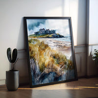 Bamburgh Castle Watercolor Poster Northumberland Travel Print England Wall Art Coastal Fortress Decor Historic Landscape Scenic Print