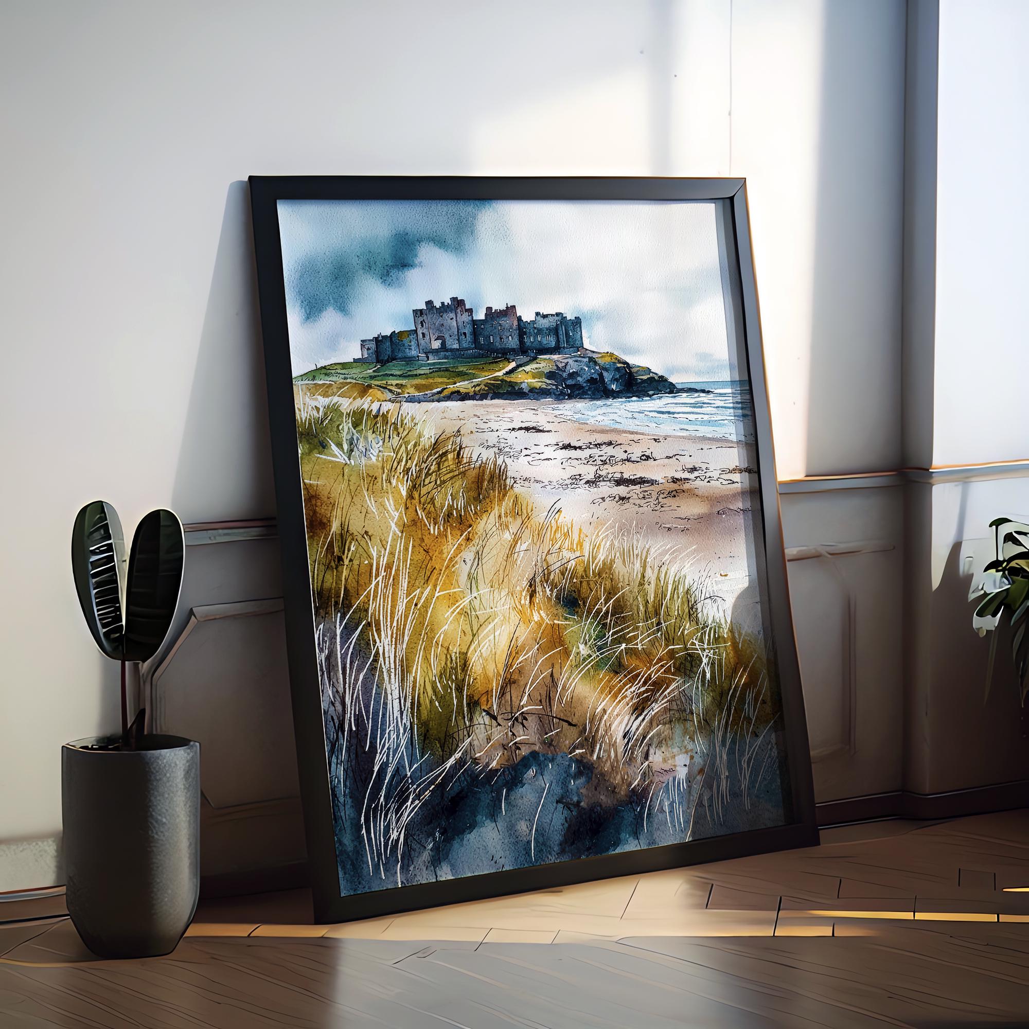 Bamburgh Castle Watercolor Poster Northumberland Travel Print England Wall Art Coastal Fortress Decor Historic Landscape Scenic Print