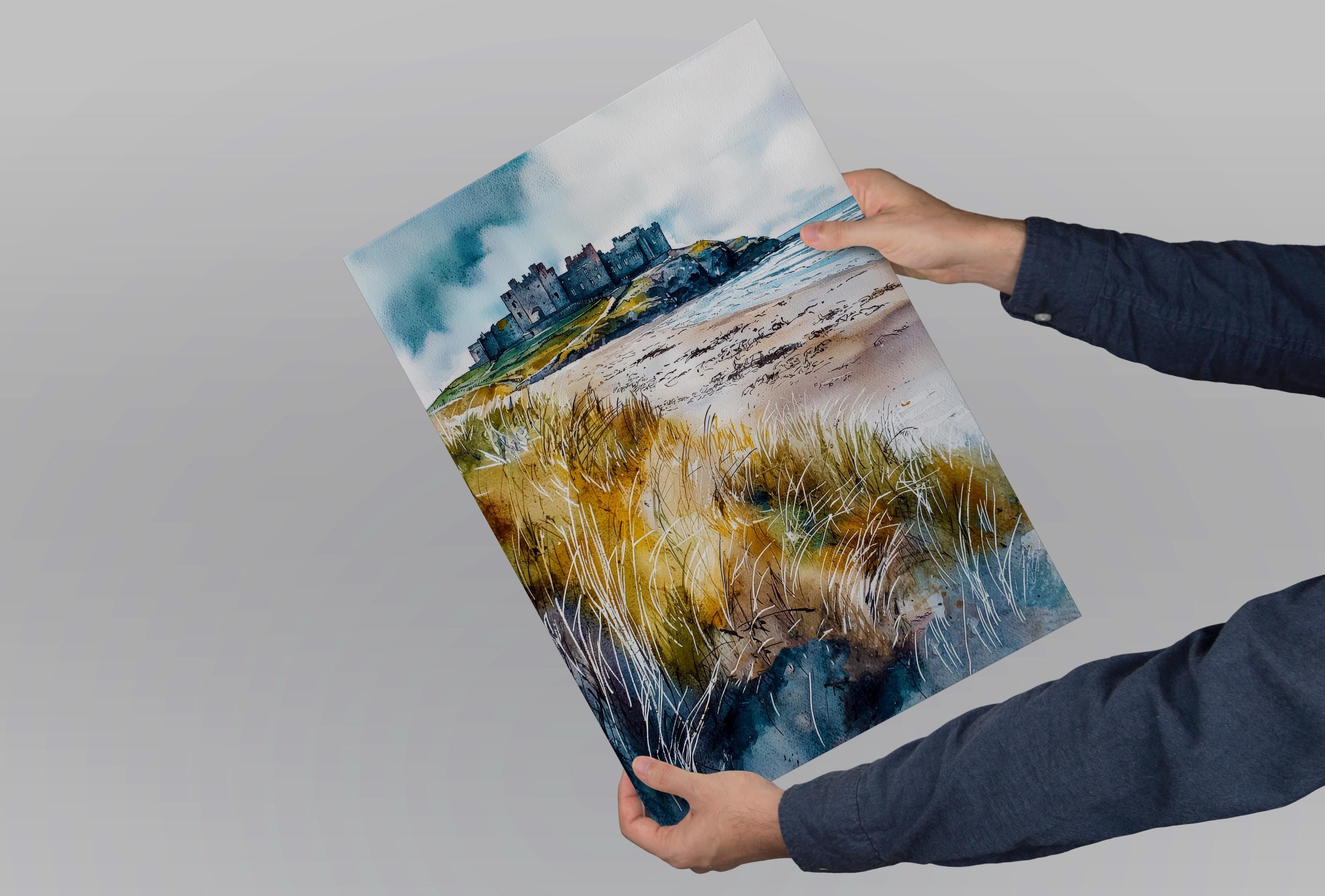 Bamburgh Castle Watercolor Poster Northumberland Travel Print England Wall Art Coastal Fortress Decor Historic Landscape Scenic Print